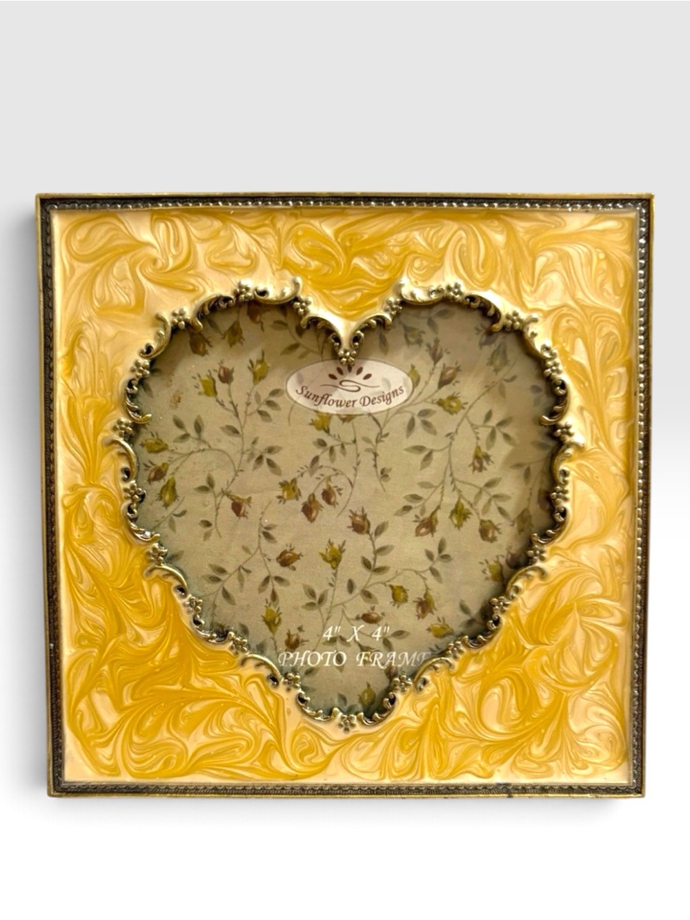 MCM Heart Shaped Picture Frame 5” Sunflower Designs Yellow Gold Enamel Swirl